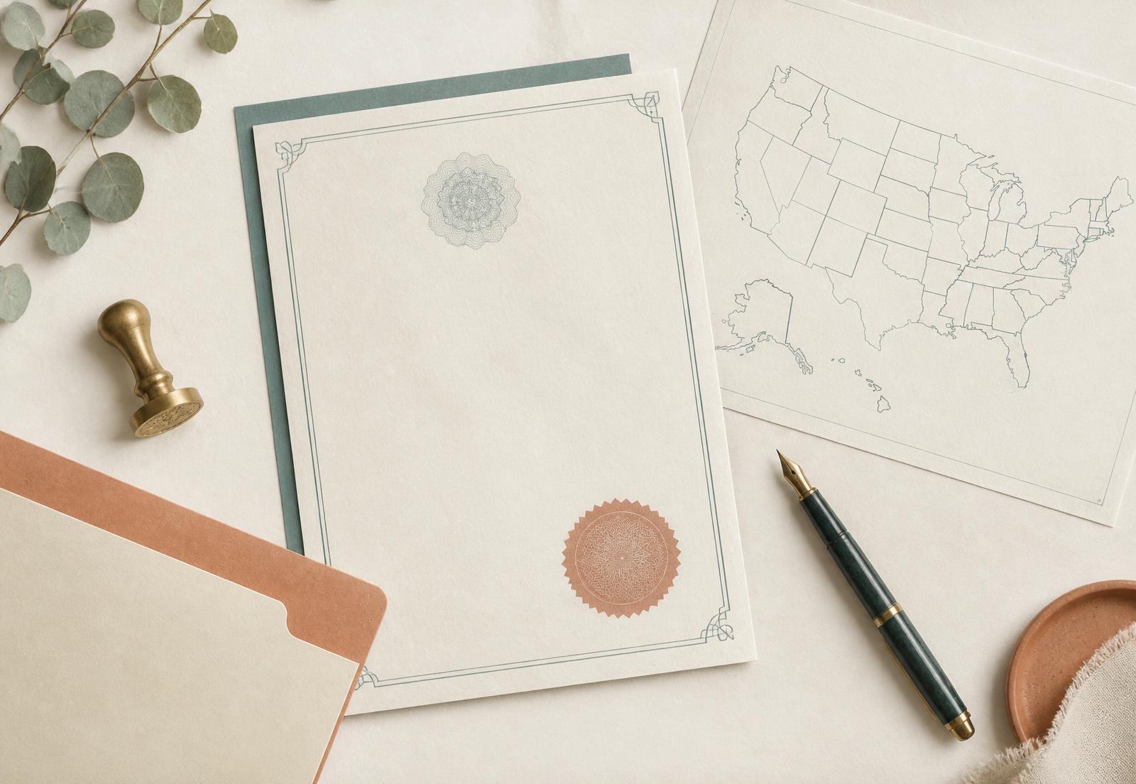 Formation documents, a state map, a notary seal and a fountain pen laid out on a desk